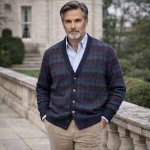 Vintage Christopher Hayes Shetland Wool Chunky Knit Argyle Cardigan Sweater XL